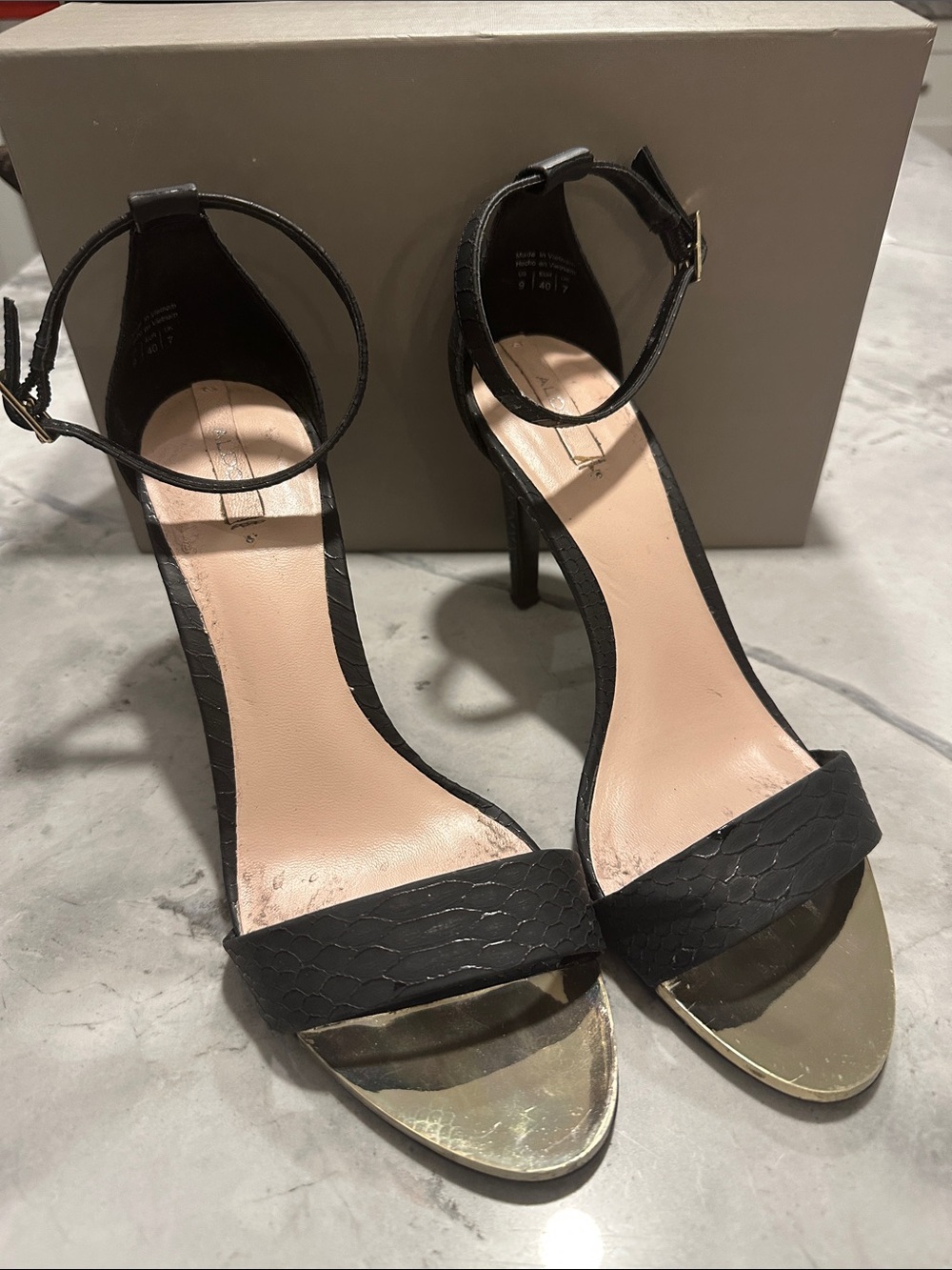 Black Ankle-Strap Stiletto Sandals with Metallic Toe